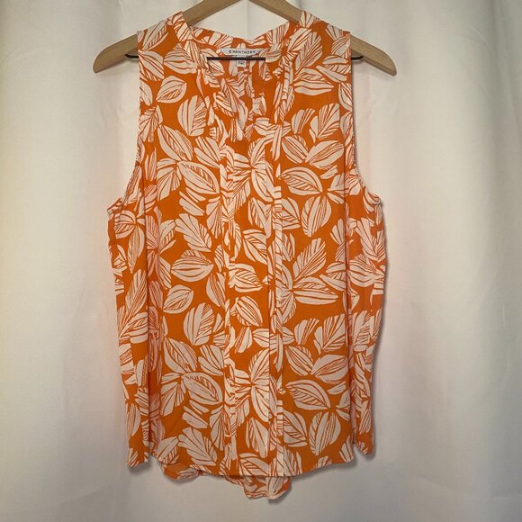 41 HAWTHORN Orange White Leaf Print Breyson Pleat Split Neck Blouse Womens L EUC - Picture 1 of 7